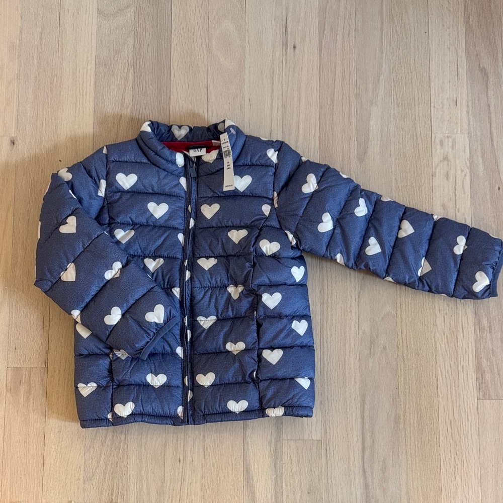 GAP Blue and White Heart Puffer Jacket
